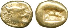 ANCIENT COINS. GREEK COINS. K ingdom of Lydia, Time of Alyattes to Kroisos (c.610-546 B.C.), Electrum Trite, 4.68g.Mint of Sardes.Head of roaring lion facing right, sun with multiple rays on forehead.