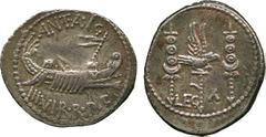 ANCIENT COINS.ROMAN COINS. Mint of Rome unless otherwise stated. Mark Antony, Silver Denarius, 3.81g, 3h.Mint of Patrae(?), struck 32-31 B.C. ANT AVG / III VIR R P C , ship right, a sceptre tied with 