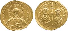 ANCIENT COINS. BYZANTINE. Mint of Constantinople unless otherwise stated. Basil II Bulgaroktonos and Constantine VIII (A.D. 976-1025), Gold Tetarteron Nomisma, 4.22g, 6h.Bust of Christ facing, wearing