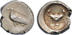 ANCIENT COINS, GREEK COINS, Sicily, Akragas (c.490-480 BC), Silver Didrachm, 8.61g, 12h. AKRA , eagle standing left. Rev. crab, a Corinthian helmet to left below, all within an incuse circle (Jenkins,