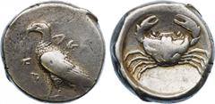 ANCIENT COINS, GREEK COINS, Sicily, Akragas (c.490-480 BC), Silver Didrachm, 8.64g, 9h. AK / RA , eagle standing left. Rev. crab (SNG ANS 952 (this obverse die); Jenkins, Gela, Group IV). Very fine. $