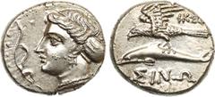 ANCIENT COINS, GREEK COINS, Pa phlagonia, Sinope (c.330-300 BC), Silver Drachm, 6.0g. Ikesi., magistrate. Head of nymph facing left, hair held in sakkos, wearing triple-pendant earring and necklace, a