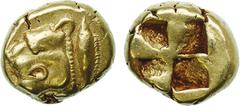 ANCIENT COINS, GREEK COINS, Mysia, Kyzikos (c.550-500 BC), Electrum Hekte, 2.67g. Head of a lion facing left, a tunny on right. Rev. Quadripartite incuse square (von Fritze I, 39; SNG France 179; de L