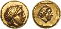 ANCIENT COINS, GREEK COINS, Lesbos, Mytilene (c.377-326 BC), Electrum Hekte, 2.6g. Head of Dionysos facing right, wearing ivy wreath. Rev. Diademed head of youthful male (Pan?) facing right, within li