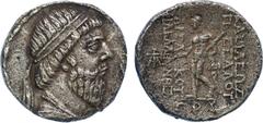 ANCIENT COINS, The David Sellwood Collection of Parthian Coins , Mithradates I (164-132 BC), Silver Tetradrachm, 16.12g, 12h. Minted at Seleucia on the Tigris. Diademed and bearded bust right, reel-an