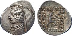 ANCIENT COINS, The David Sellwood Collection of Parthian Coins , Arsaces XVI (78/7-62/1 BC), Silver “mule” Drachm, 4.08g, 12h. Probably minted at Rhagae. Diademed and short bearded bust left, pellet e