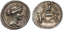 ANCIENT COINS , ROMAN COINS, Faustus Cornelius Sulla (56 BC), Silver Denarius, 4.05g. Mint of Rome. FAVSTVS , diademed and draped bust of Diana right, crescent above, lituus behind. Rev. FELIX , Sulla