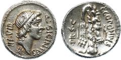 ANCIENT COINS , ROMAN COINS, Q. Sicinius and C. Coponius (49 BC), Silver Denarius, 3.70g. Military mint travelling in the East with Po mpey, perhaps at Ephesus. Q SICINIVS III VIR , diademed head of A