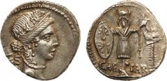 ANCIENT COINS , ROMAN COINS, Julius Caesar, Silver Denarius, 3.8g, 48 BC. Military mint travelling with Caesar. Diademed and wreathed head of Pietas or Clementia(?) right, [ LII ] behind. Rev. CAE-SAR