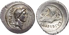 ANCIENT COINS , ROMAN COINS, Sextus Pompey (son of Pompey the Great), Silver Denarius, 4.0g, 42-38 BC. Mint of Massilia. Q. Nasidius, commander of the fleet. NEPTVNI behind, bare head of Pompey the Gr