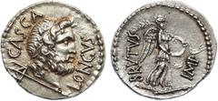 ANCIENT COINS , ROMAN COINS, Brutus, Silver Denarius, 3.82g, 42 BC. Military mint traveling with Brutus and Cassius in western Asia Minor or northern Greece. P. Servilius Casca Longus, moneyer. CASCA 
