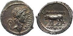 ANCIENT COINS , ROMAN COINS, Divus Julius Caesar, Silver Denarius, 4.10g, 40 BC. Mint of Rome. Q. Voconius Vitulus, moneyer. DIVI IVLI , lau reate head of Julius Caesar facing right, lituus behind. Re