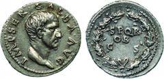 ANCIENT COINS , ROMAN COINS, Galba (AD 68-69), Silver Denarius, 3.47g. Mint of Rome, AD 68. IMP SER GALBA AVG , bare head facing right. Rev. S P Q R / OB / C S in three lines within oak-wreath (RIC 16