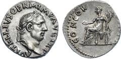 ANCIENT COINS , ROMAN COINS, Vitellius (AD 69), Silver Denarius, 3.28g. Mint of Rome. A VITELLIVS GERM IMP AVG TR P , laureate head facing right. Rev. CONCOR- [ DIA P ] R , Concordia seated left, hold