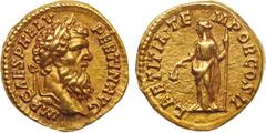 ANCIENT COINS , ROMAN COINS, Pertinax (AD 193), Gold Aureus, 7.2g. Mint of Rome. IMP CAES P HELV PERTIN AVG , laureate head facing right. Rev. LAETITIA TEMPOR COS II , Laetitia standing facing with he