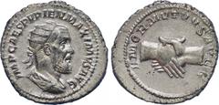 ANCIENT COINS , ROMAN COINS, Pupienus (AD 238), Silver Antoninianus, 4.58g, 12h. Mint of Rome. IMP CAES PVPIEN MAXIMVS AVG , bust facing right, radiate, draped and cuirassed. Rev. AMOR MVTVVS AVGG , c