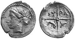 THE FREDERICK M. BAYER COLLECTION OF ANCIENT GREEK COINS SICILY SYRACUSE No.: 21 Estimation: $ 750.- d=11 mm Hemilitron, about 405-395. AR 0.40 g. Head of Arethusa l., hair in ampyx and sphendone. Rev