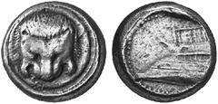 GREEK COINS SICILY MESSANA No.: 133 Estimation: $ 4000.- d=22 mm As Zancle and under Samian rule (494-489). Tetradrachm, 494-493. AR 16.91 g. Facing mask of a lion on a disc. Rev. Prow of a ship l. J.