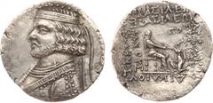 ANCIENT COINS, KINGS OF PARTHIA, Parthian Kingdom. Orodes II (57-38 BC). Billon Tetradrachm, 13.94g, Seleukeia on the Tigris. Diademed bust of Orodes II left. Rev. King seated right, before him, Tyche