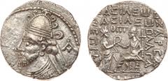 ANCIENT COINS, KINGS OF PARTHIA, Parthian Kingdom. Vologases II (c. AD 76/7-79). Billon Tetradrachm, 14.05g, Seleukeia on the Tigris, 389 SE (AD 77/8). Bust of Vologases II left, wearing tiara, A to r