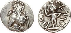 ANCIENT COINS, KINGS OF PERSIS, Kingdom of Persis. Uncertain King III (2nd Century AD). Silver Obol, 0.50g. Bearded bust of Uncertain King III left, wearing diadem and Parthian-style tiara decorated w
