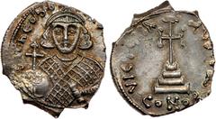 ANCIENT COINS, BYZANTINE, Theodosius III of Adramytium (AD 715-717). Silver Hexagram(?), 3.18g, Constantinople. d N t hEodO-[SI X S M X L A] , crowned bust of Theodosius III facing, wearing loros, hol