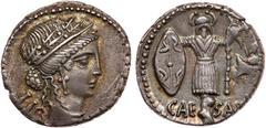 ANCIENT & MEDIEVAL COINS, Julius Caesar (49-48 BC). Silver Denarius, 4.02g, 48 BC, Military mint travelling with Caesar. Diademed and wreathed head of Pietas or Clementia(?) right, behind, [LII]. Rev.
