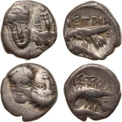 ANCIENT COINS, ANCIENT GREEK, Black Sea Region, Moesia, Istros (c.400-350 BC). Silver ¼-Drachm, 1.10g. Two young male heads facing side- by-side, the left one inverted. Rev. I Σ TPIH , sea-eagle stand