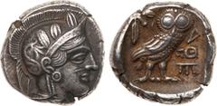 ANCIENT COINS, ANCIENT GREEK, Attica, Athens (after 449 BC). Silver Tetradrachm, 17.43g, 3h. Near Eastern imitation. Head of Athena facing right, wearing a crested Attic helmet decorated with three ol