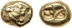ANCIENT COINS, ANCIENT GREEK, Kingdom of Lydia, Time of Alyattes to Kroisos (c.610-546 BC). Electrum Trite, 4.74g. Mint of Sardes. Head of roaring lion facing right, sun with multiple rays on forehead