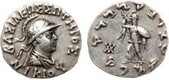 ANCIENT COINS, ANCIENT GREEK, Indo-Greek Kingdom, Nikias (c.90-85 BC). Silver Tetradrachm, 8.39g, 12h. BAΣIΛEΩΣ ΣΩTHPOΣ / NIKIOY. Diademed, helmeted and draped bust facing right. Rev. Athena Alkidemos