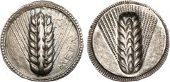 Ancient Coins, ANCIENT GREEK COINS Lucania, Metapontion. Silver Nomos (8.13 g), ca. 540-510 BC. META, barley ear with eight grains. Rev. Incuse barley ear with eight grains. (Noe 78; SNG ANS 192; HN I