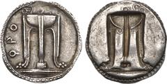 Ancient Coins, ANCIENT GREEK COINS Bruttium, Kroton. Silver Nomos (8.02 g), ca. 530-500 BC. QPO, Tripod with legs terminating in lion’s feet, serpents rising from bowl. Rev. Incuse tripod as obverse. 