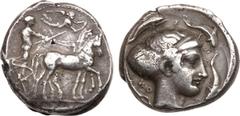 Ancient Coins, ANCIENT GREEK COINS Sicily, Syracuse. Second Democracy. Silver Tetradrachm (17.35 g), 466-405 BC. Ca. 420-415 BC. Charioteer, holding kentron and reins, driving slow quadriga right; abo