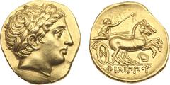 Ancient Coins, ANCIENT GREEK COINS Macedonian Kingdom. Phillip II, 359-336 BC. Gold Stater (8.59 g). Mint of Pella, posthumous issue, struck ca. 323-315 BC.,Apollo facing right. Rev. FILIPPOY in exerg