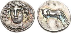 Ancient Coins, ANCIENT GREEK COINS Thessaly, Larissa. Silver Drachm (6.03 g), ca. 405/0-370 BC. Head of the nymph Larissa facing slightly left, wearing ampyx. Rev. LARI, horse grazing right. (L-S grou
