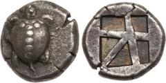 Ancient Coins, ANCIENT GREEK COINS Islands off Attica, Aegina. Silver Stater (12.10 g), ca. 480-457 BC. Sea turtle, head turned to left in profile, with pelleted-T design on shell. Rev. Large incuse s