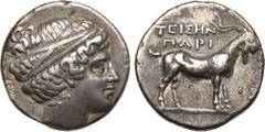 Ancient Coins, ANCIENT GREEK COINS Cyclades, Paros. Silver Didrachm (7.46 g), ca. 230-200 BC. Rhodian standard. Teisen…, magistrate. Head of female (Artemis?) right, hair bound with ribbon. Rev. PARI,