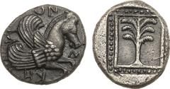 Ancient Coins, ANCIENT GREEK COINS Troas, Skepsis. Silver Drachm (3.54 g), 5th century BC. S-KH-YI-ON, forepart of Pegasos right. Rev. Palm tree in square linear and pelleted borders, all within shall