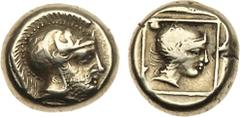 Ancient Coins, ANCIENT GREEK COINS Lesbos, Mytilene. Electrum Hekte (2.52 g), ca. 412-378 BC. Head of Ares right, wearing crested helmet decorated with forepart of griffin. Rev. Helmeted head of Amazo