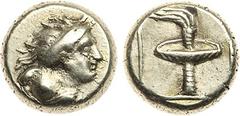 Ancient Coins, ANCIENT GREEK COINS Lesbos, Mytilene. Electrum Hekte (2.48 g), ca. 377-326 BC. Half length bust of Maenad right, hair bound in sphendone. Rev. Race torch within linear incuse square in 