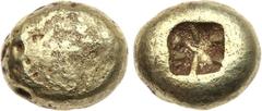 Ancient Coins, ANCIENT GREEK COINS Ionia, Uncertain mint. Electrum Hemistater (8.73 g), ca. 650-600 BC. Samian-Euboeic standard. Rough lattened surface. Rev. Square incuse punch. (cf. CNG 94, 557, oth