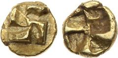 Ancient Coins, ANCIENT GREEK COINS Ionia, Uncertain mint. Electrum 1/24 Stater (0.60 g), ca. 625-600 BC. Raised clockwise swastika pattern. Rev. Quadripartite incuse square. (Weidauer -; Elektron I 44