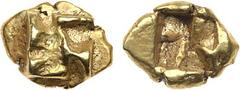 Ancient Coins, ANCIENT GREEK COINS Ionia, Uncertain mint. Electrum 1/24 Stater (0.64 g), ca. 625-600 BC. Raised clockwise swastika pattern. Rev. Quadripartite incuse square. (Weidauer -; Elektron I 44