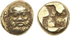 Ancient Coins, ANCIENT GREEK COINS Ionia, Phokaia. Electrum Hekte (2.53 g), ca. 478-387 BC. Bearded head of Silenos facing, wreathed with ivy; in left field, small seal upward. Rev. Quadripartite incu