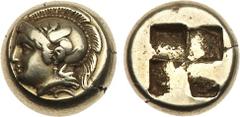 Ancient Coins, ANCIENT GREEK COINS Ionia, Phokaia. Electrum Hekte (2.49 g), ca. 478-387 BC. Head of Athena left, wearing crested Attic helmet decorated with griffin; below, seal left. Rev. Quadriparti