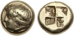 Ancient Coins, ANCIENT GREEK COINS Ionia, Phokaia. Electrum Hekte (2.45 g), ca. 478-387 BC. Wreathed head of Dionysos left; behind, seal downward (off flan). Rev. Quadripartite incuse square. (Bodenst