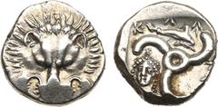 Ancient Coins, ANCIENT GREEK COINS Lycian Dynasts. Perikles. Silver ⅓ Stater (2.97 g), ca. 380-360 BC. Facing lion’s scalp. Rev. Triskeles; in upper field, dolphin right; in lower left field, draped b