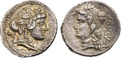 Ancient coins, ROMAN REPUBLIC L. Cassius Q.F. Longinus. Silver Denarius (3.75 g), 75 BC. Rome. Head of Liber (or Bacchus) right, wreathed with ivy, thyrsus at shoulder. Rev. L CASSI Q F, head of Liber