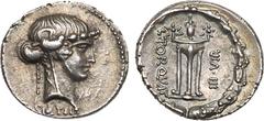 Ancient coins, ROMAN REPUBLIC L. Torquatus. Silver Denarius (3.88 g), 58 BC. Rome. SIBVLLA below, head of Sibyl right, wreathed with ivy; all within dotted border. Rev. L TORQVAT III VIR, tripod surmo